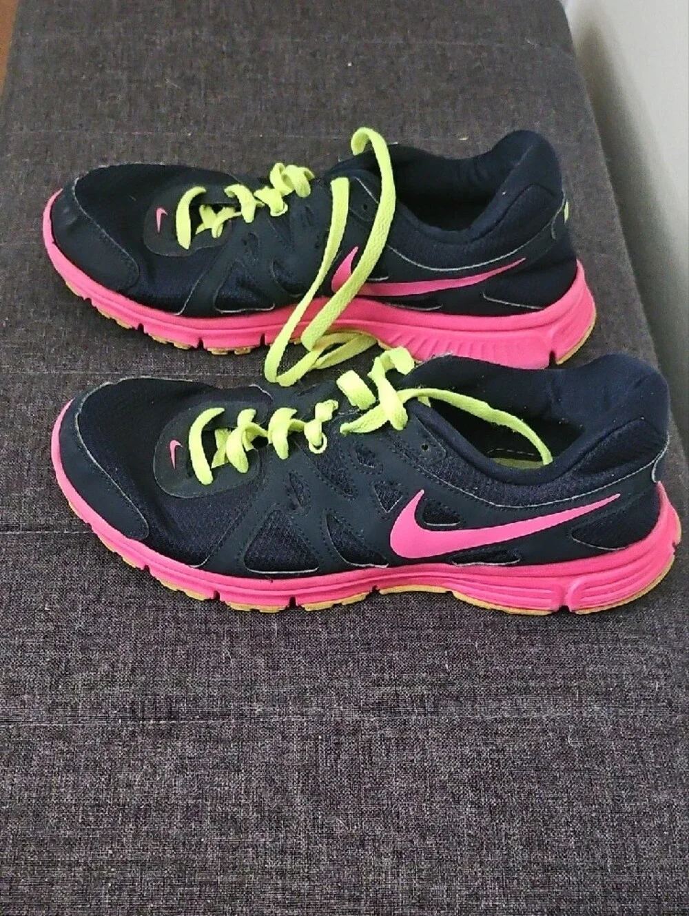 Nike Black Sneakers with Pink Swoosh and Neon Yellow Laces